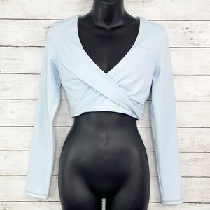 BO+TEE Progress Slinky Long Sleeve Crop Top Twist Front Light Sky Blue